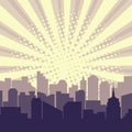 Pop art city silhouette with sun rays halftone background. Comic colorful cityscape. Vector